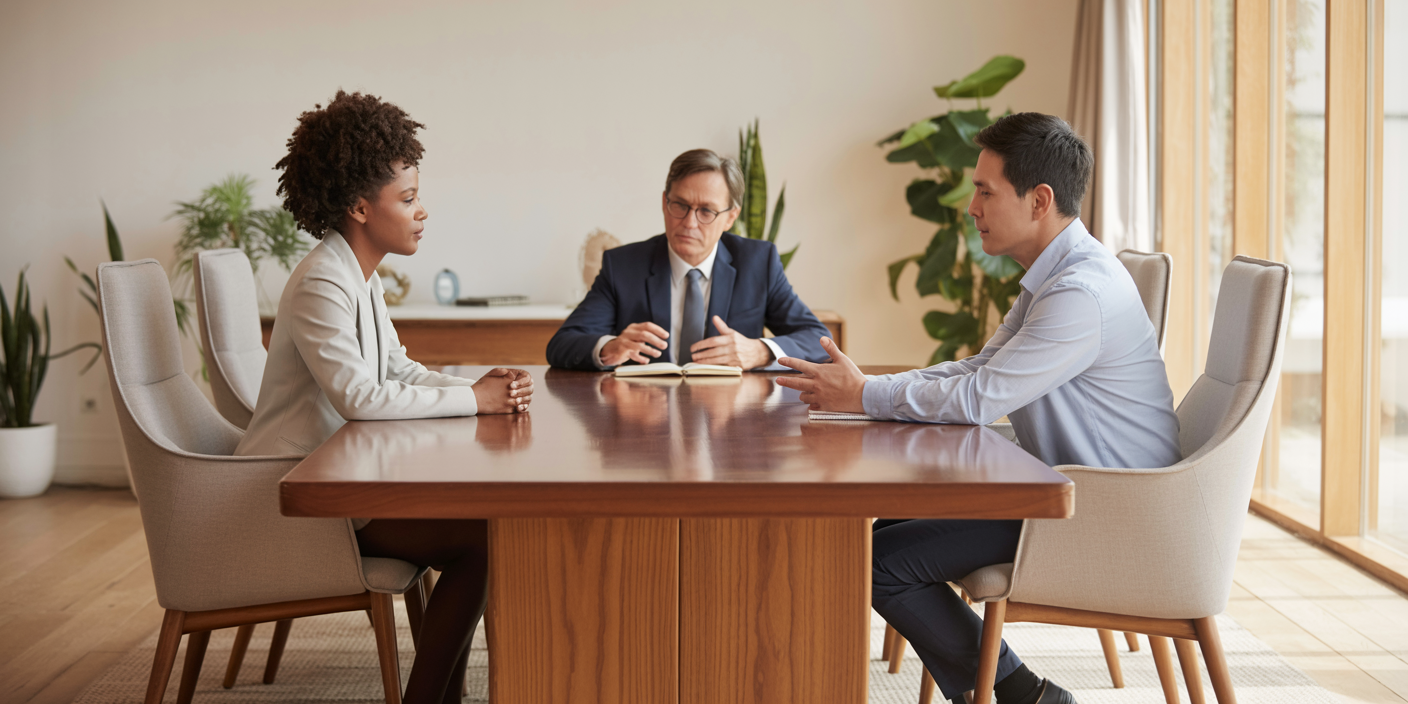 Couple discussing financial settlement on divorce with mediator in professional setting