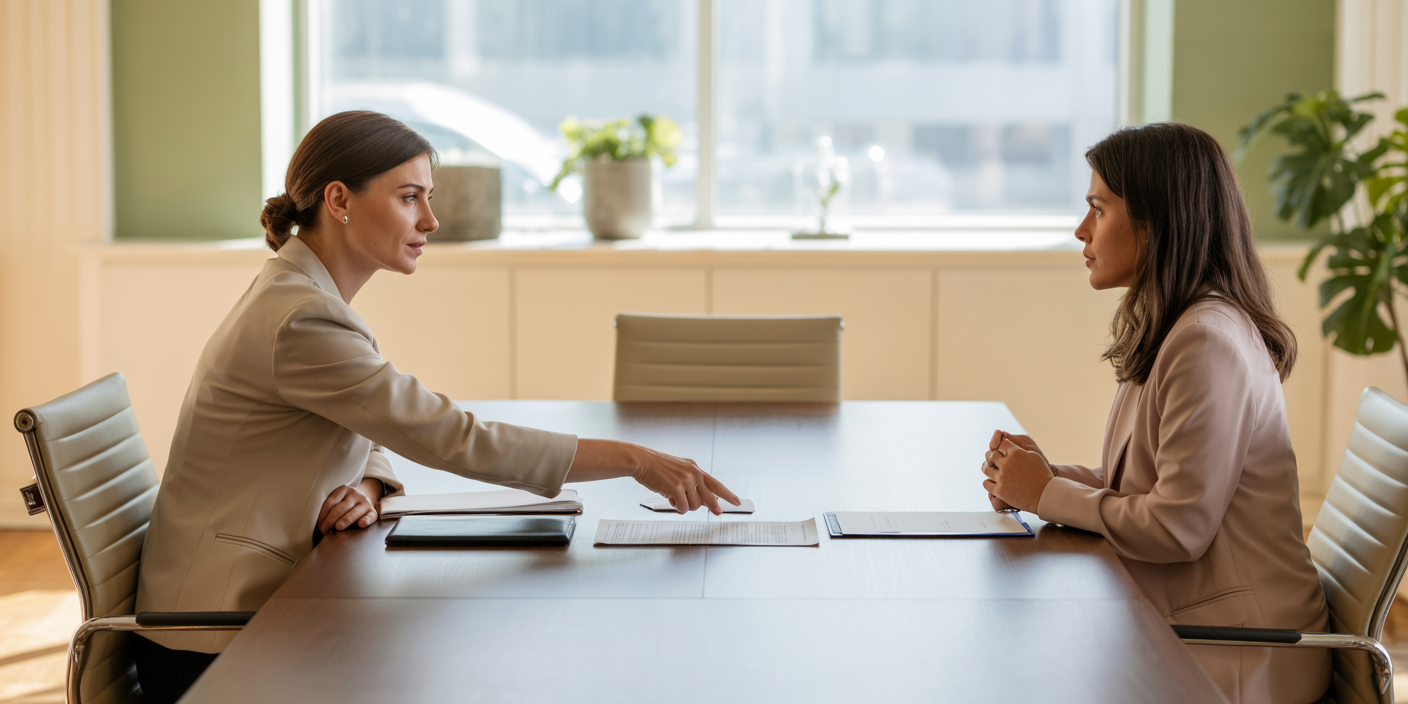 A female mediator during a MIAM explaining th mediation process to another female client.